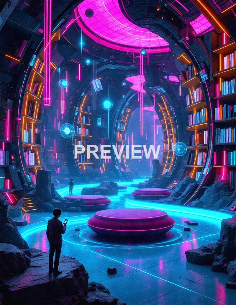 A futuristic library with glowing neon lights, curved bookshelves, floating orbs, and a person in the foreground holding a device, all set within a high-tech, otherworldly environment.